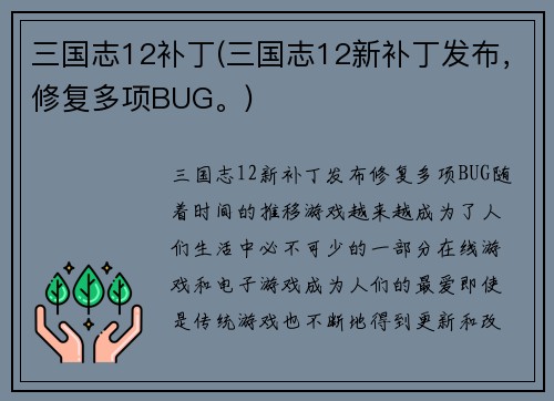 三国志12补丁(三国志12新补丁发布，修复多项BUG。)